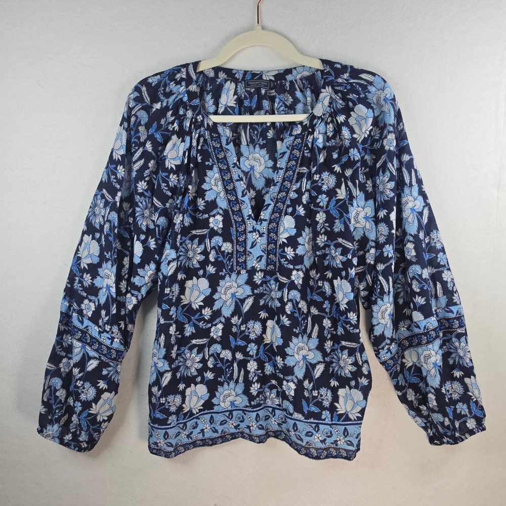 Vineyard Vines Floral V-Neck Balloon Sleeve Blouse Blue White Small